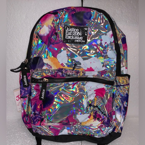 Justice Girls 17" Laptop Backpack Iridescent Silver Multi-Color Splatter - Picture 1 of 5